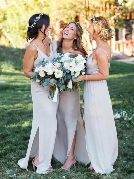 simple neutral bridesmaids' gowns