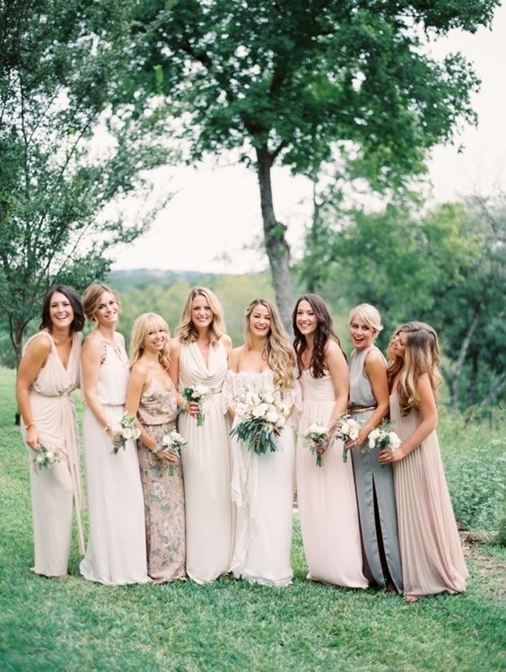 glam neutral bridesmaids' dresses