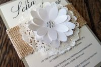 Burlap invitation with big paper flower