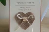 Cute wedding invitation with heart from burlap