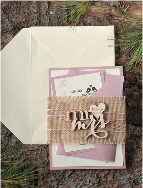 Gentle burlap wedding invitation in pink shades