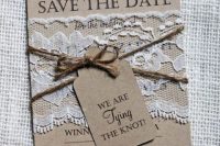 Gentle craft paper invitation with lace and twine