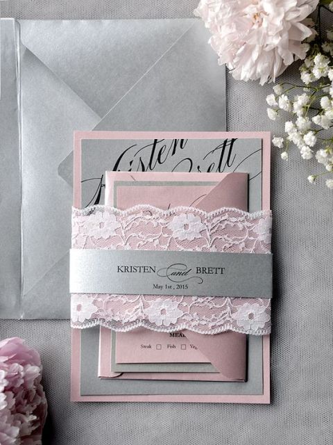 Grey and pink lace wedding invitation
