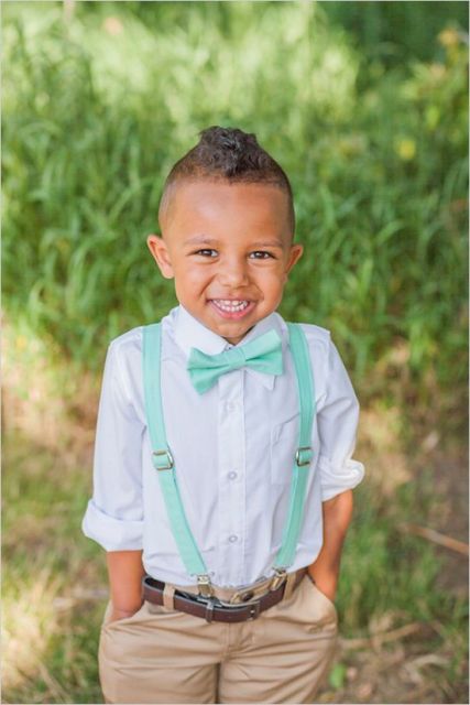 Ring bearer outfit with mint color bow tie and suspenders