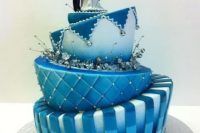 Topsy turvy wedding cake in blue shades