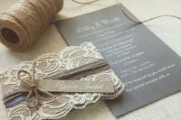 Wedding invitation with lace and twine