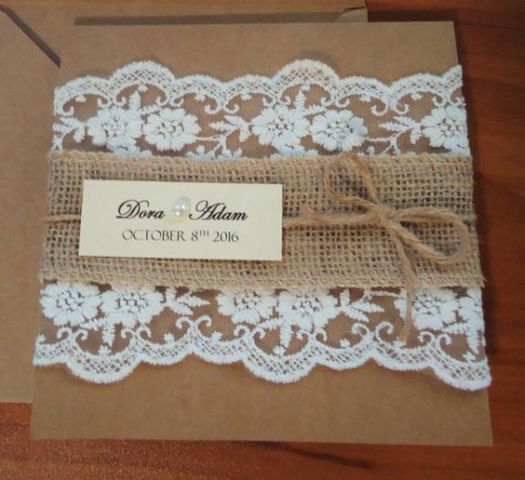 Wedding invitation with lace, burlap and twine