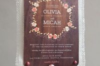 Wood wedding invitation with burlap