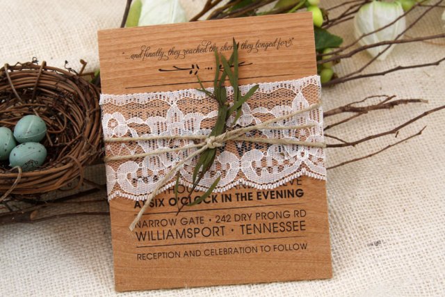 Wood wedding invitation with lace and twine