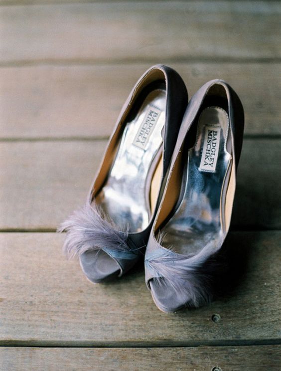 grey wedding shoes with feathers