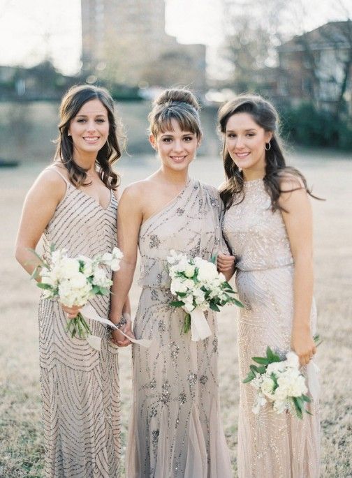 beaded bridesmaids' dresses in soft neutral tones