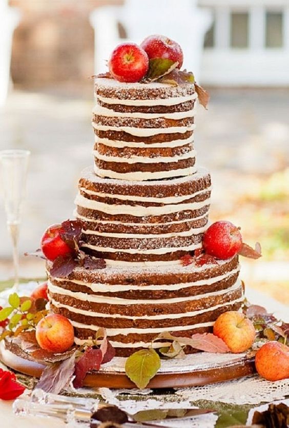 naked fall wedding cake with apples