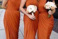 Awesome orange draped dresses for fall weddings