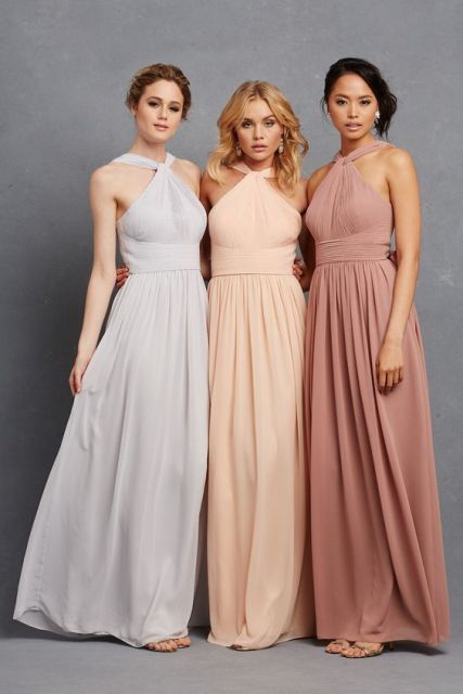 Gentle pastel color bridesmaid maxi dresses