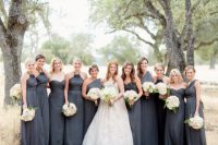 Various styled gray bridesmaid dresses