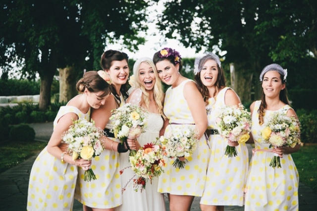 White dresses with yellow dots
