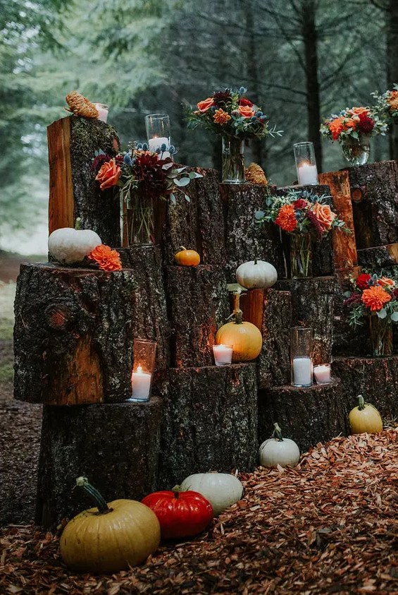 a beautiful rustic wedding altar composed of tree stumps, candles, colorful pumpkins and burgundy and orange flower arrangements