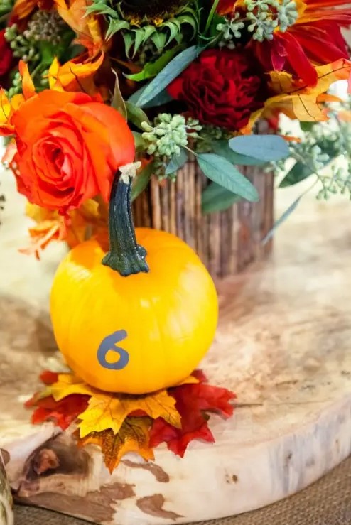 a pumpkin with a table number is always a good addition to a fall centerpiece, especially for a rustic one