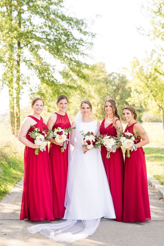 beautiful and bold hot red maxi bridesmaid dresses with halter and other necklines are amazing for a fall wedding