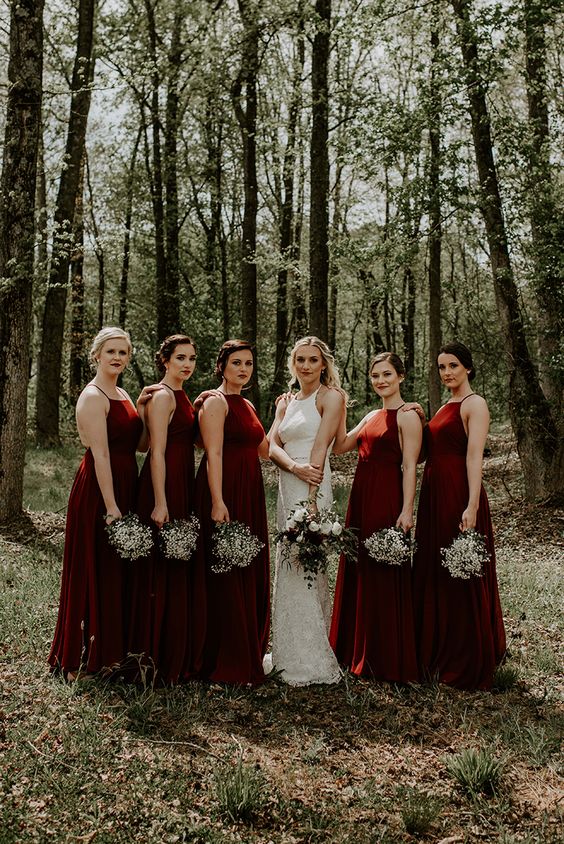 beautiful burgundy halter neck maxi bridesmaid dresses with pleated skirts are amazing for a fall wedding