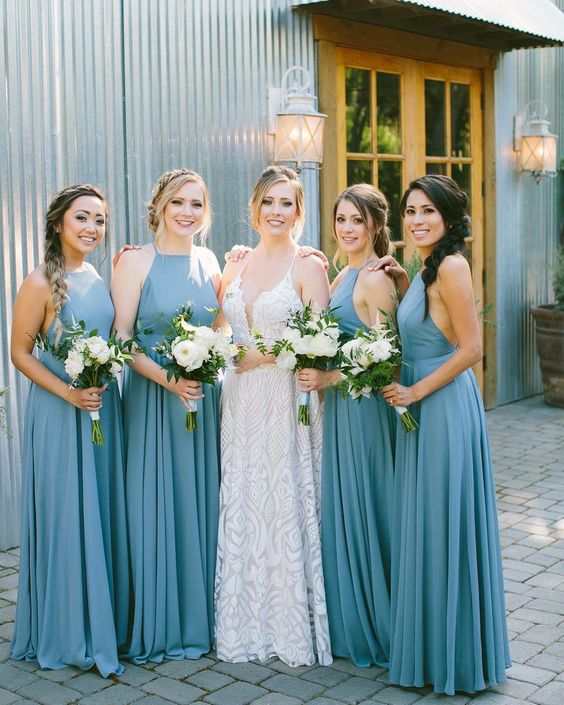 beautiful light blue halter neck maxi bridesmaid dresses with pleated skirts are amazing for spring or summer