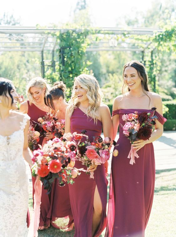 beautiful strapless and one shoulder mauve maxi bridesmaid dresses are a sophisticated idea for a fall wedding