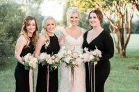 black halter neckline sheath dresses and a sheath V-neckline one with sleeves for the maid of honor