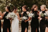 black maxi bridesmaid dresses with halte rnecklines, thigh high slits, black shoes for a super elegant and exquisite weddings