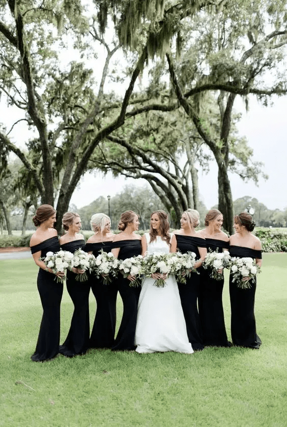 black maxi mermaid of the shoulder bridesmaid dresses are very elegant and sophisticated dresses to rock