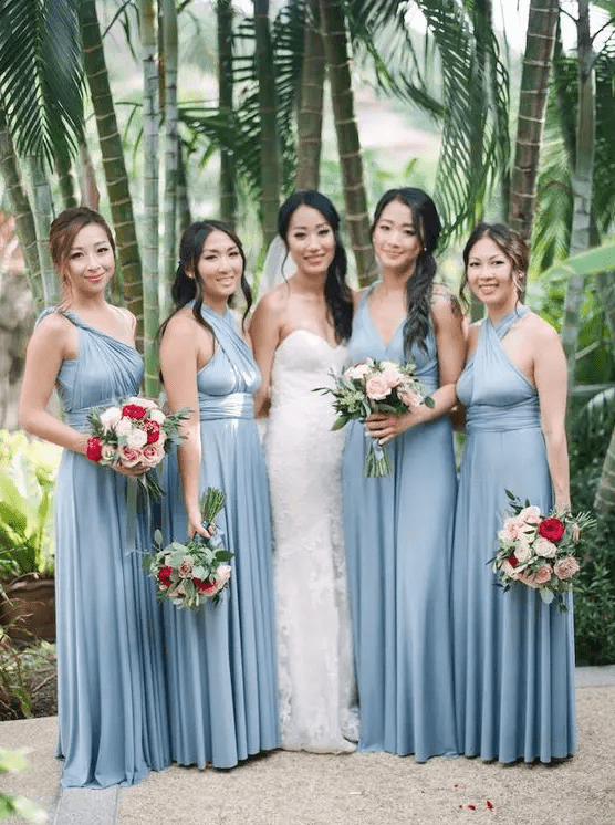 blue grey maxi dresses with various necklines look very cool and fresh, they are great for a coastal or beach wedding