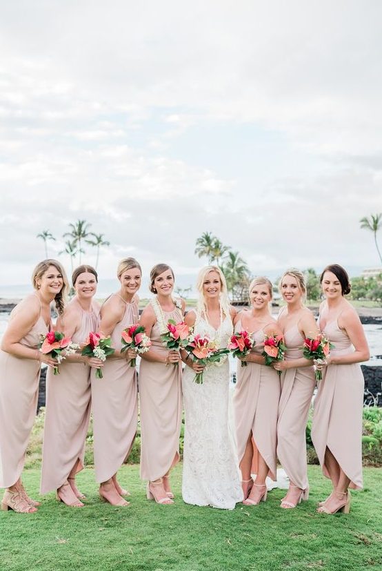 blush high low bridesmaid dresses with halter necklines and spaghetti straps are a comfy option