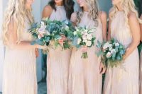 blush maxi gowns with metallic detailing and halter necklines are a dreamy and lovely idea for a spring or summer wedding