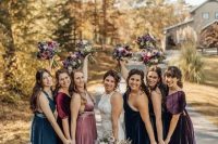 bold jewel-tone maxi velvet bridesmaid dresses with various necklines are great for a bold fall wedding