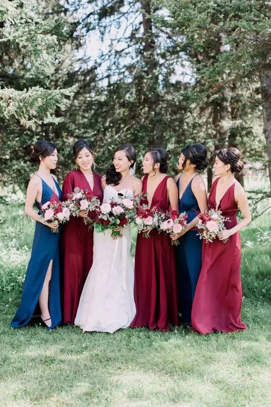 burgundy and navy maxi dresses with thick straps to spruce up the wedding color scheme