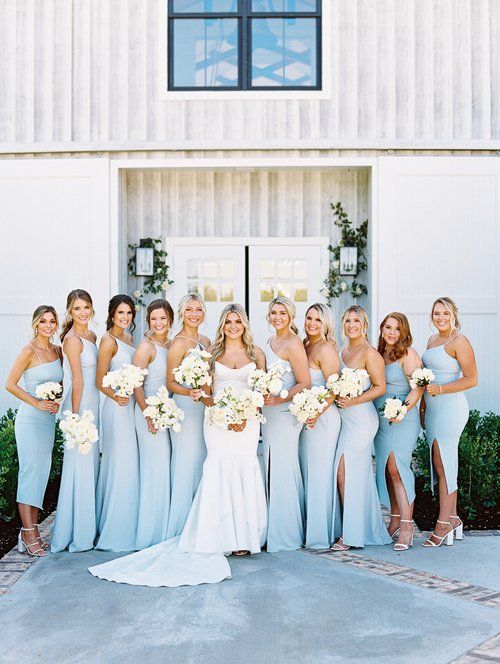 chic one shoulder and halter midi and maxi bridesmaid dresses in light blue, with side slits for a coastal wedding