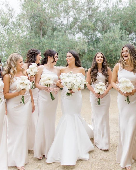 classy white one shoulder maxi bridesmaid dresses are a cool idea for a formal wedding, white bridesmaid dresses are in trend