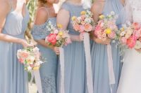 dove grey maxi bridesmaid dresses with halter and other necklines are a lovely solution for a spring or summer wedding