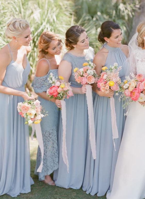 dove grey maxi bridesmaid dresses with halter and other necklines are a lovely solution for a spring or summer wedding