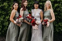 elegant grey midi halter neck bridesmaid dresses with nude shoes are a stylish idea for a fall wedding