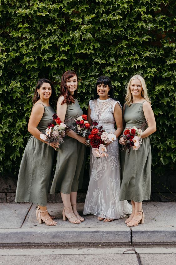 elegant grey midi halter neck bridesmaid dresses with nude shoes are a stylish idea for a fall wedding