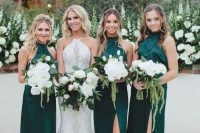 emerald halter neckline bridesmaid dresses with front slits look sexy and bold and are perfect for many weddings