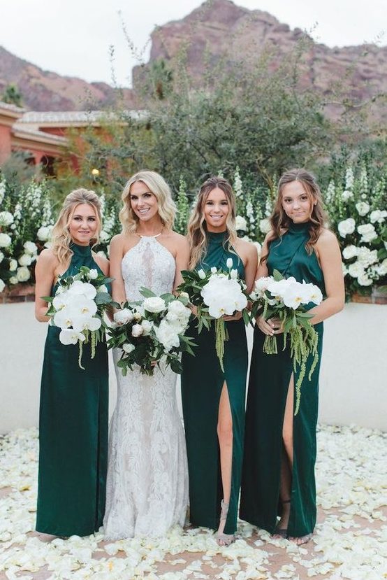 emerald halter neckline bridesmaid dresses with front slits look sexy and bold and are perfect for many weddings