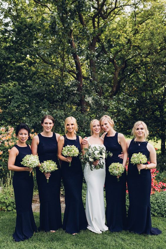 exquisite navy halter neck mermaid bridesmaid dresses are a great alternative to black for a formal wedding