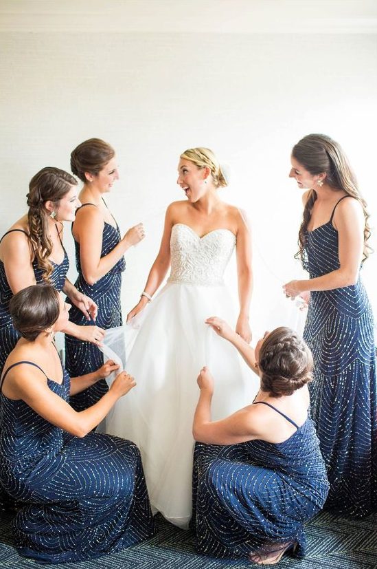 gorgeous navy and silver sequin bridesmaid slip dresses with spaghetti straps are amazing for a glam wedding