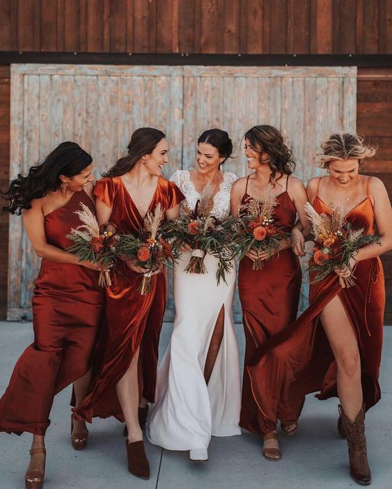 gorgeous rust maxi bridesmaid dresses, spaghetti strap, one shoulder and usual ones plus brown shoes