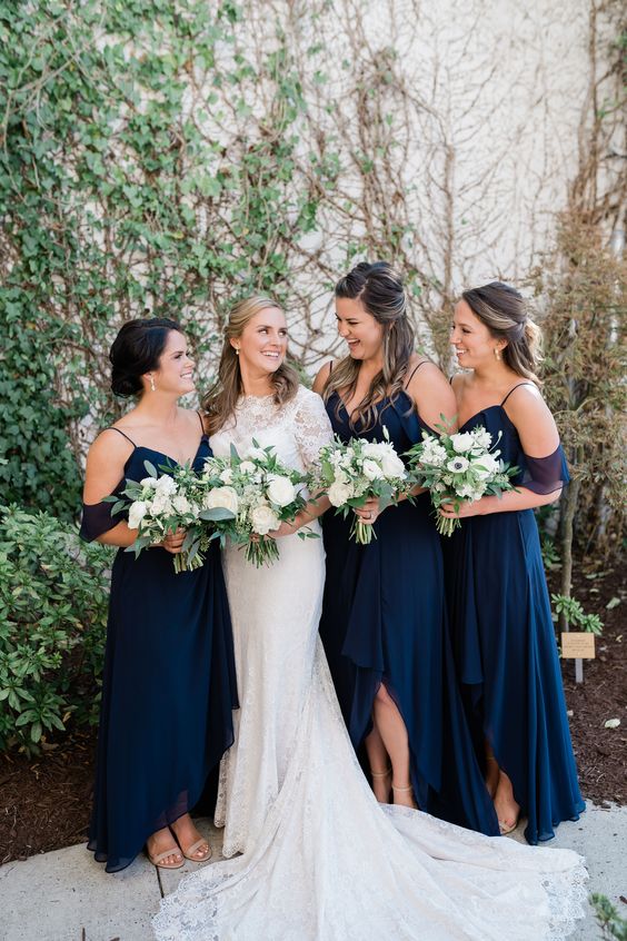 lovely navy cold shoulder midi bridesmaid dresses with nude shoes are a cool idea for spring or summer