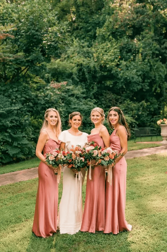 lovely pink satin bridesmaid maxi dresses of such a color that will be great for both summer and fall weddings