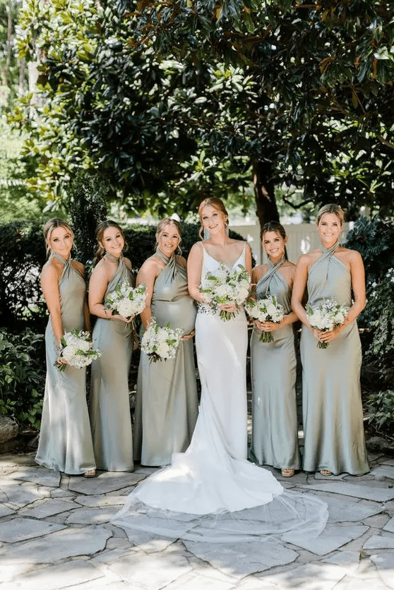 matching sage green maxi bridesmaid dresses with draped bodices and maxi skirts are amazing for spring
