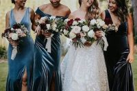 mismatching blue and navy velvet maxi bridesmaid dresses are a very cool and chic solution for a fall or winter wedding
