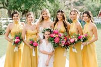 mismatching maxi yellow bridesmaid dresses are a great solution for a colorful summer wedding